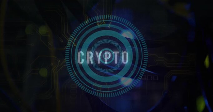 Animation of crypto text, scope and data processing over computer motherboard