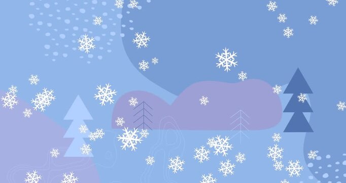 Animation of snowflake icons falling over christmas trees icons on blue background with copy space