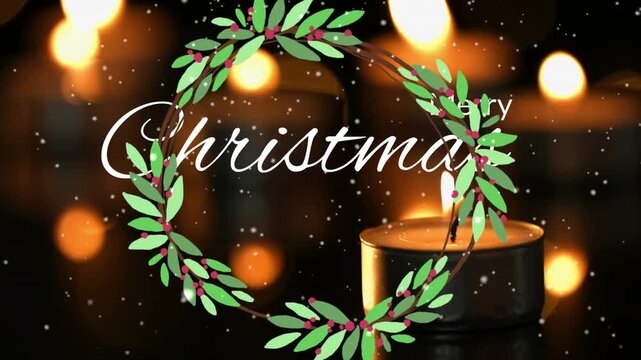 Animation of snow falling over christmas greetings text and decoration