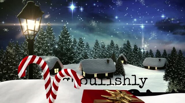 Animation of snow falling over christmas tree and winter scenery