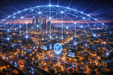 Fototapeta premium 6G smart city aerial at dusk with terahertz connectivity canopy luminous node network enabling ultra-low latency autonomous transport holographic public displays and rural reach