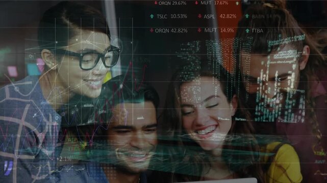 A group of graphic designers are seen discussing over a digital tablet in an office setting