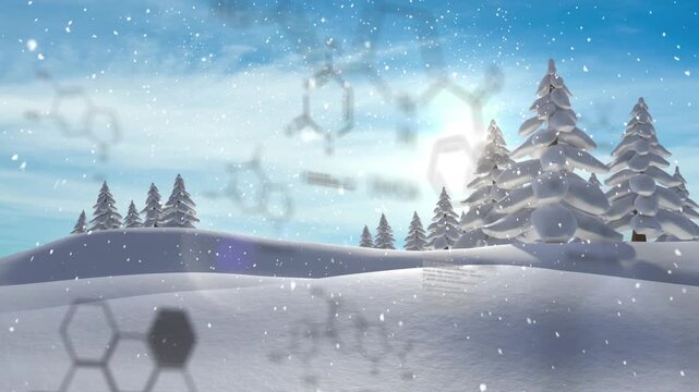 Animation of scientific structures pattern over christmas winter scenery