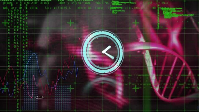 Animation of neon ticking clock over spinning dna structures and data processing on black background