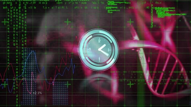 Animation of neon ticking clock over spinning dna structures and data processing on black background