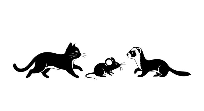 Black Cat, Mouse, and Ferret Silhouettes on White Background.