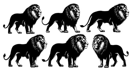 Majestic black lion silhouettes standing in various powerful poses a collection of wild animal graphics. © Citra