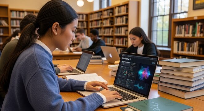Young woman working on laptop with generative AI software in a modern library surrounded by students and books.