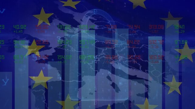 Animation of map of europe, padlock, data processing and flag of eu