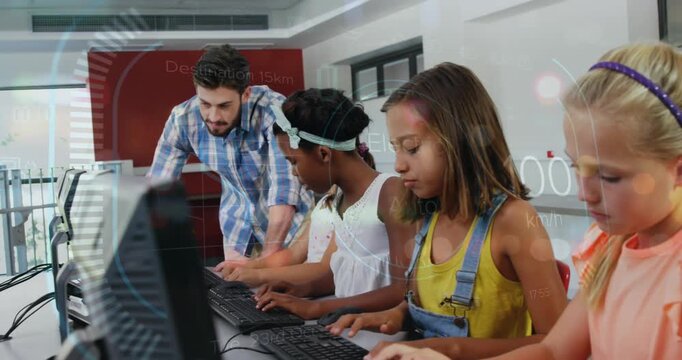 Animation of data processing over caucasian male teacher with diverse schoolchildren using computers