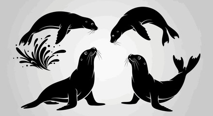 Collection of four black silhouettes of seals in various poses. © Keysa