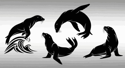 Collection of four black silhouette sea lions in various dynamic poses. © Keysa