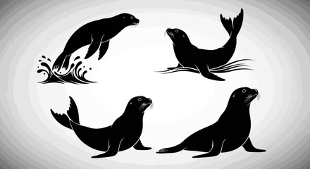 Collection of four distinct black seal silhouettes in various poses. © Keysa