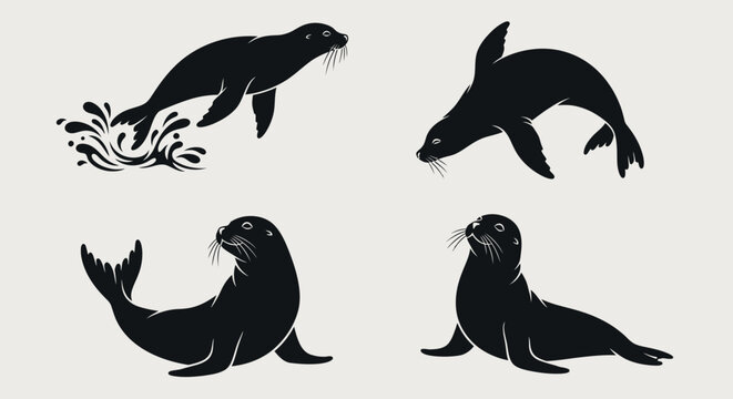 Collection of four black silhouettes of seals in various poses.