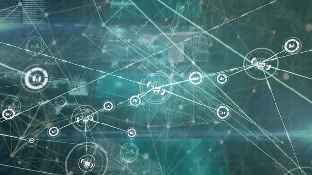 Animation of connected icons and dots with graphs over multiple infographic interface
