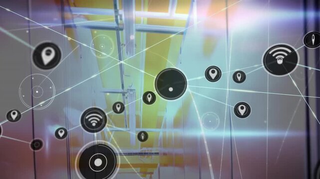 Animation of connected icons and dots, lens flares over low angle view of ceiling of corridor