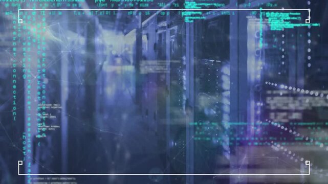 Animation of connected dots with lines and programming language over server room