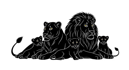 Majestic lion family silhouette illustration with adult lions and their cubs. © Citra