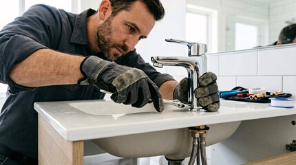 Obraz premium Expert plumber wearing thick grey gloves meticulously installs a gleaming chrome modern bathroom sink faucet under bright natural lighting.