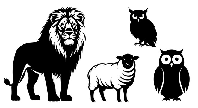 Majestic Lion, Gentle Sheep, and Wise Owls Silhouettes on White Background.