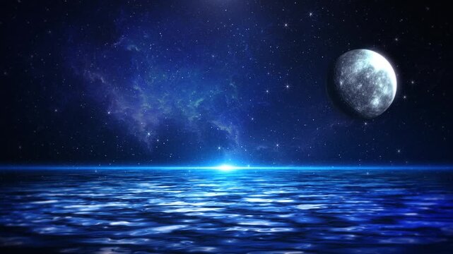 Starry Space Sea Landscape Moonlight Calm ocean beneath starry sky moon distant light horizon. for meditation visuals, fantasy backgrounds, cinematic scenes, relaxation themes, peaceful space inspired