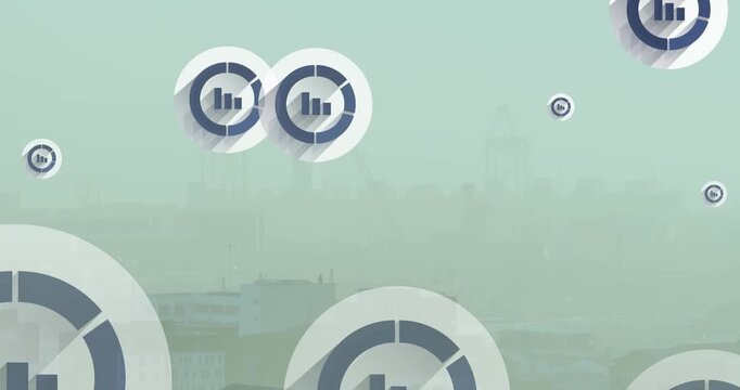 Animation of multiple bar graph icons floating against aerial view of cityscape