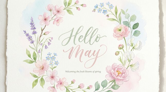 Hello may fresh green spring banner with pastel floral background for may greeting design