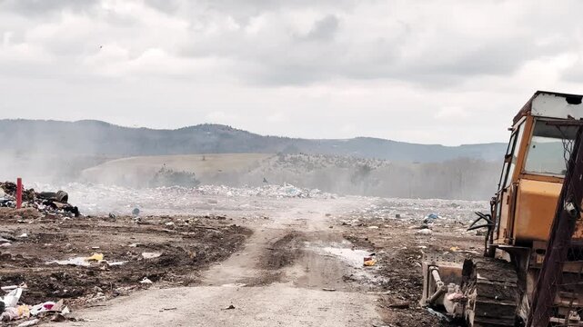 Burning landfill in Serbia with smoke and birds environmental pollution.Large garbage landfill in rural Serbia with smoking waste and flying birds. Environmental pollution and ecological problem 