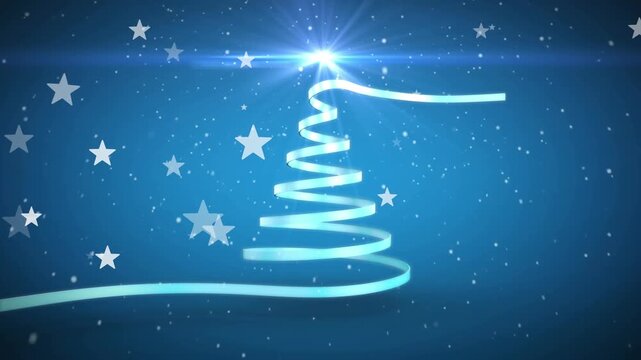 Animation of stars floating and light spot over ribbon forming a christmas tree on blue background