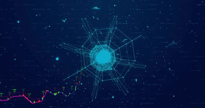 Animation of data processing over globe of connections on black background