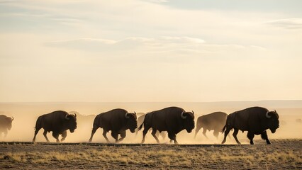 Fototapeta premium Bison herd walking in formation landscape.