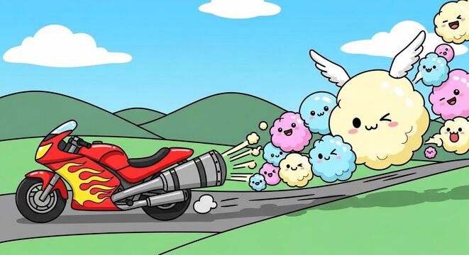Cartoon motorcycle whimsical cloud road