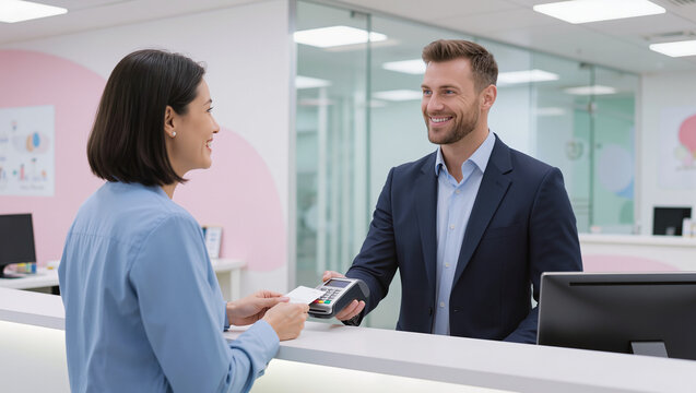 Customer Making Contactless Card Payment at Clinic Reception