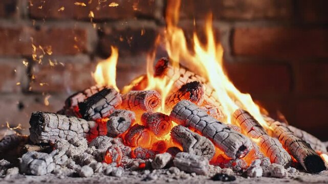 Cozy warm fireplace with burning fire and red hot embers in brick firebox creating inviting atmosphere.