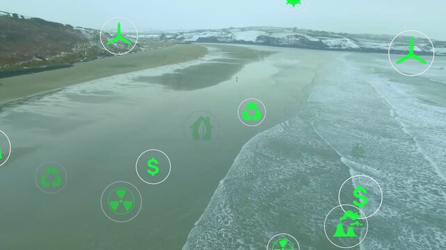 Drone forward motion sending translucent green icons drifting over beach, visualizing CO2 energy