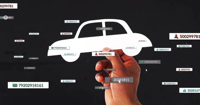 Female hand lifting paper car cutout center animating badges, cursor highlighting ID for auto data