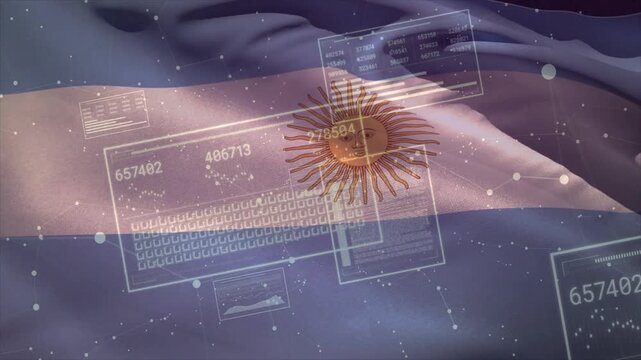 Playback starting, rippling Argentine national flag revealing Sun of May emblem, to reveal HUD data