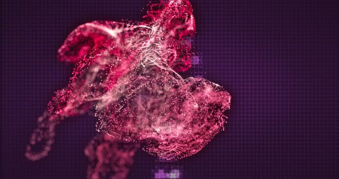 Red-pink particle cloud emerging left drifting center rotating shedding sparks forming diffuse mass