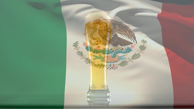Mexican flag rippling from gentle breeze, tall pilsner glass reflecting emblem sliding