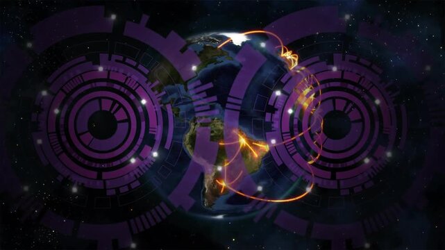 Textured globe receiving data feed, tracing orange arcs as purple HUD rotating showing tech links