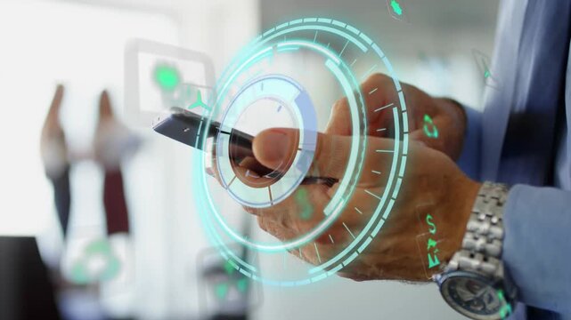 Glowing HUD appearing, hands manipulating smartphone, tapping and swiping, selecting menu in office
