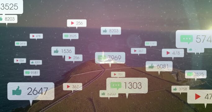 Aerial lighthouse cape, single label appearing above sparking marketing badges rising then thinning