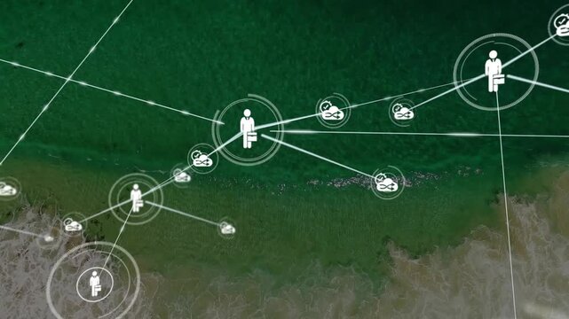 Central ring appearing, briefcase node radiating, linking sat icons and growing biz network on surf