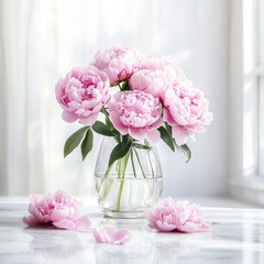Fototapeta premium Fresh pink peony bouquet in glass vase on white marble table with scattered petals soft window light mothers day