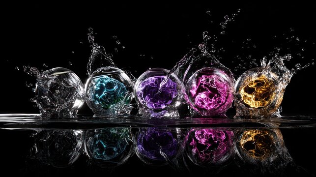 Colorful water splash in spherical glass objects against a black background