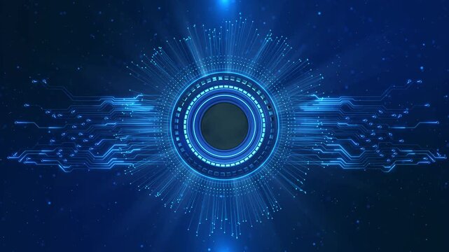 Digital Circular Processor Interface tech rings connected glowing circuit paths central processing system. for software visuals, hardware themes, data presentations, or innovation graphics 3D 4K