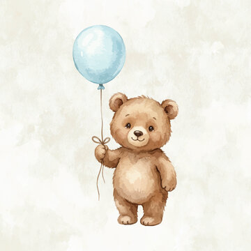 Watercolour teddy bear holding blue balloon in soft light watercolour style illustration