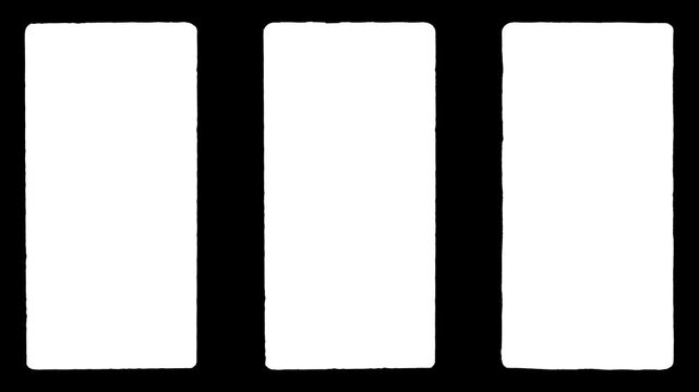 Three vertical vintage film frames layout. Retro cinematic matte with textured organic edges and rounded corners. Multi-frame overlay for creative video masking and split screen effects.