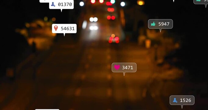 Compact car moving on night road, bubble popping and growing into social media icons showing buzz