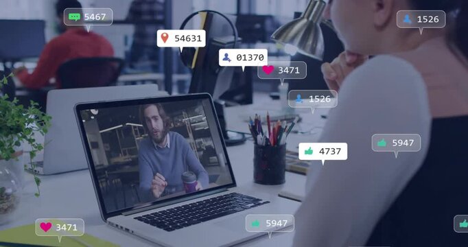 Man speaking sparking social bubbles rising over laptop while woman watching, showing live metrics